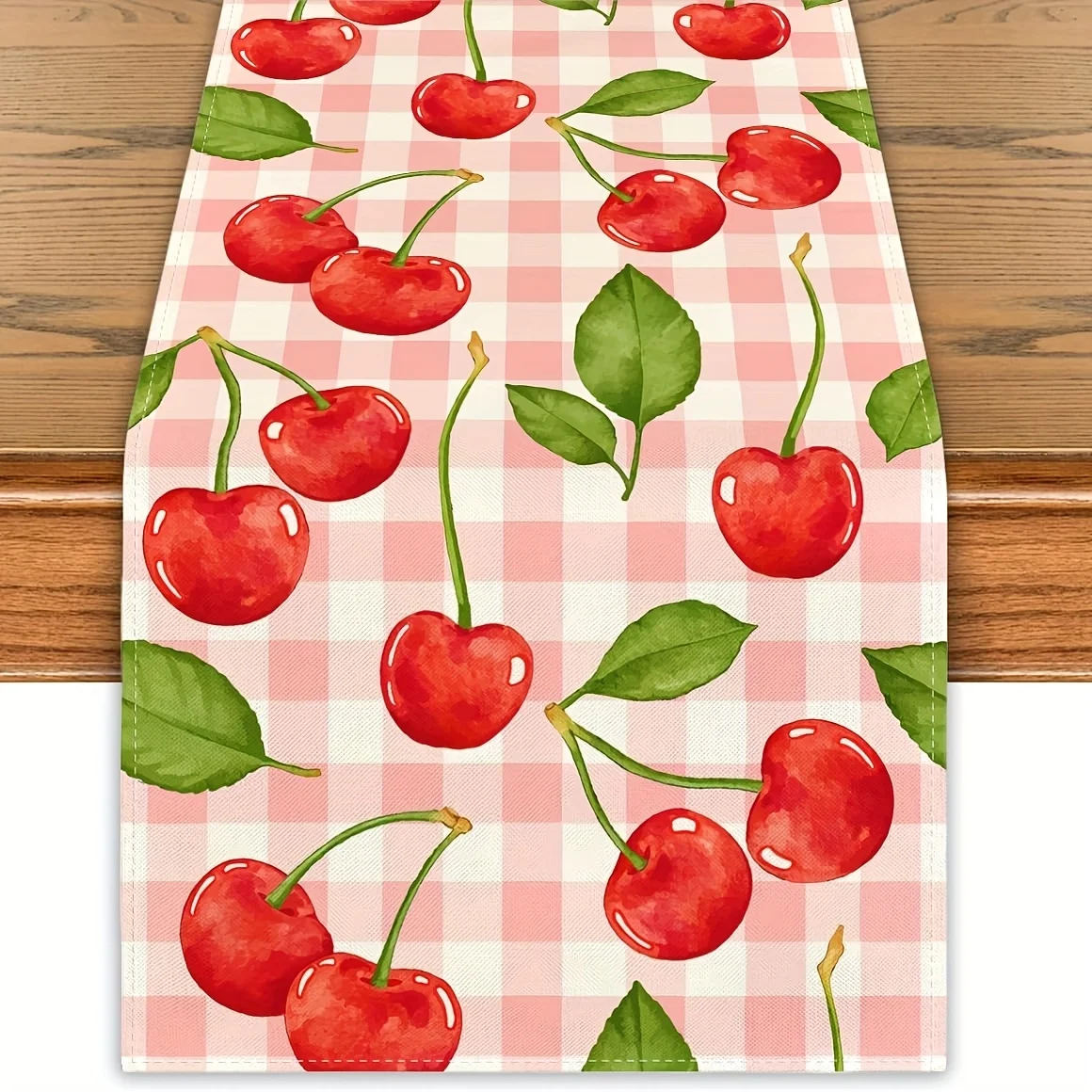1pc Pink Gingham Cherry Linen Table Runner, 2D Watercolor Print, Picnic Style Kitchen Dining Decor, Sweet Living Room Accent, Id