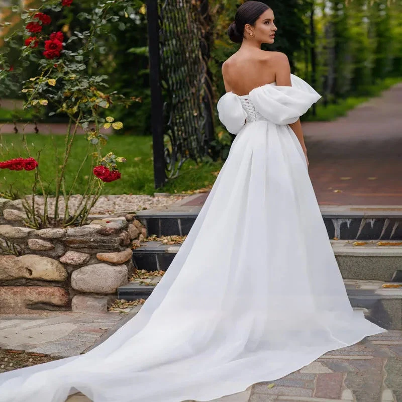 Customized New Arrival Sweetheart Puff Sleeve Pleats Slit Lace Up A-Line Tulle Wedding Dress Bridal Gowns Vestido De Noiva