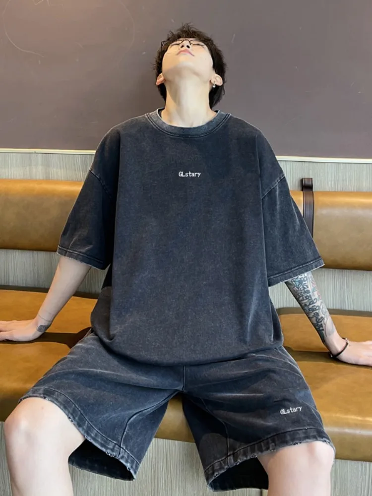 

Heavyweight Waed Vintage Cotton T-irt Men's American Sle ort Sve orts Set Summer Outfit Breathable Casual Wear