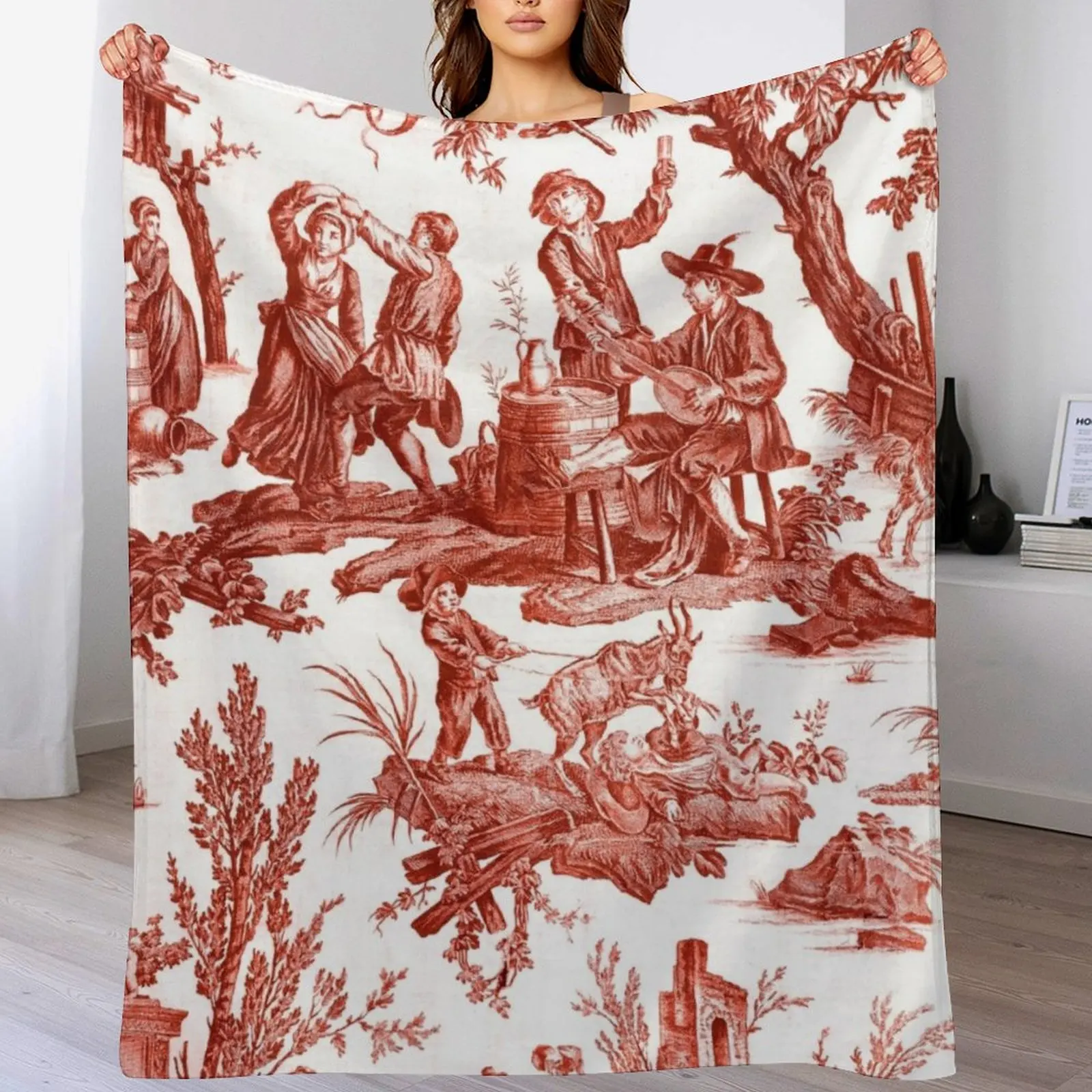 Red and White Toile de Jouy Throw Blanket