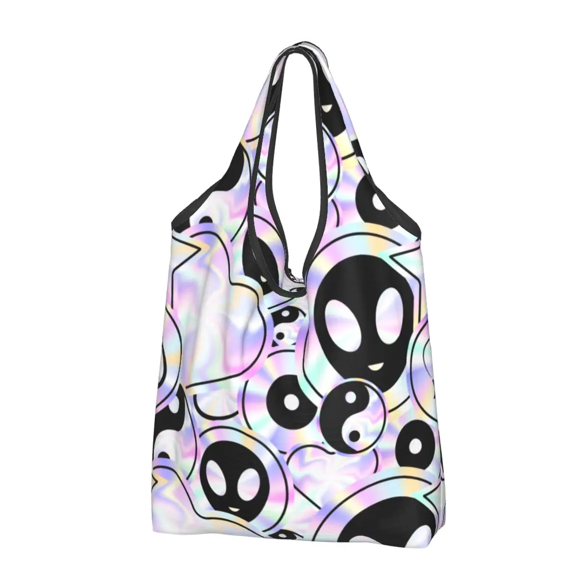 Reusable Psychedelic Alien Grocery Bag Foldable Machine Washable Trippy Holographic Aliens Shopping Bag Large Eco Storage Bag