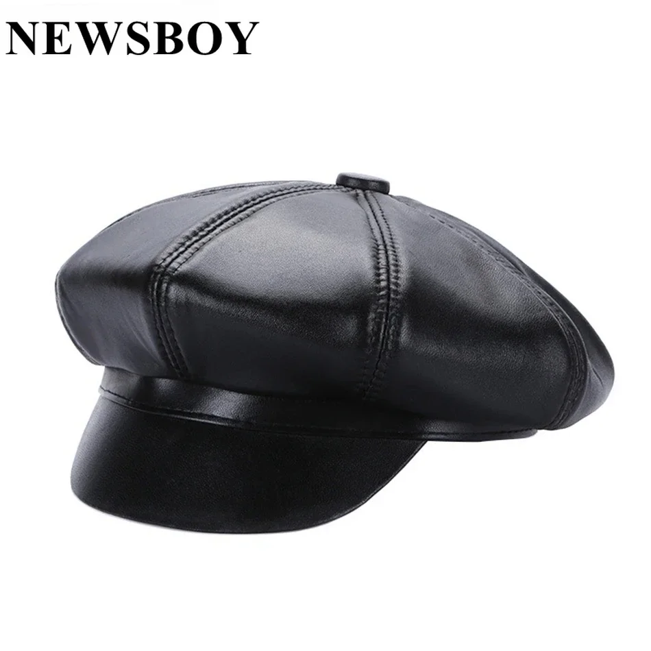 

NEWSBOY Men Women Leather Cap Sheepskin Octagonal Cap Genuine Leather Black Newsboy Cap New Design Autumn Winter Hat