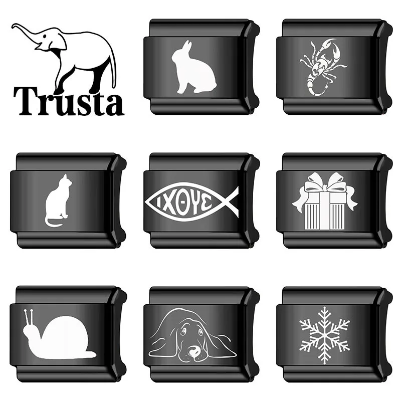 Trusta 2026 New Black Animal Rabbit Laser Italian Charm Bracelets Bracelet Stainless Steel 1pc Module Beads Gifts Fashion N742