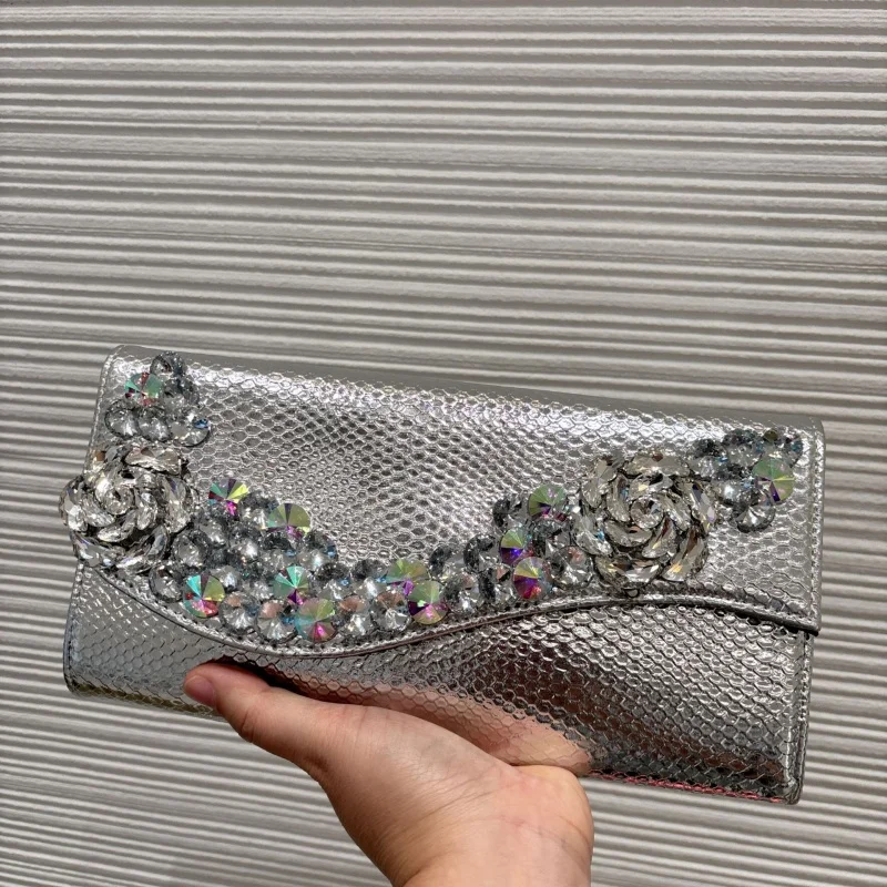 

Ladies New Rose Set Diamond Handbag High-end Versatile Crossbody Bag Luxury Glittering Crystal Clutch Purse Handbag