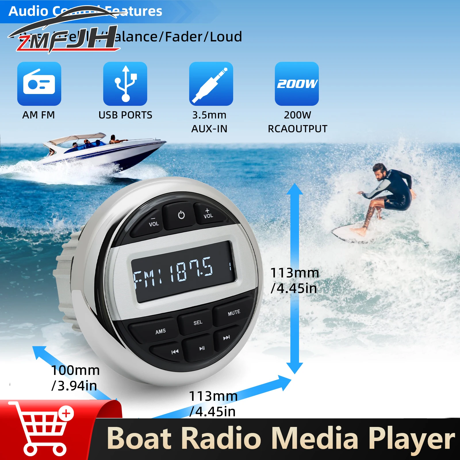 

Водонепроницаемый лодочный радиоприемник, морской стерео MP3-аудио Bluetooth-совместимый FM AM-приемник для урожайщиков, квадроциклов, UTV, SPA, RZR