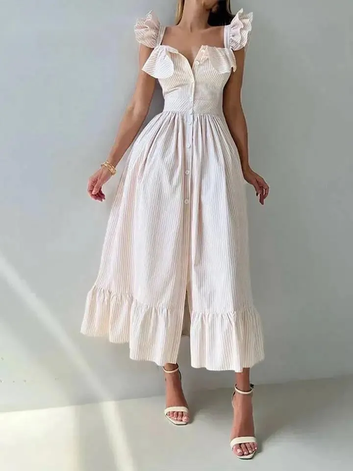 우아한 블루 스트라이프 프릴 버튼 롱 드레스 여성 스퀘어 넥 민소매 여성 드레스 여름 해변 파티 레이디 가운 ZBR8