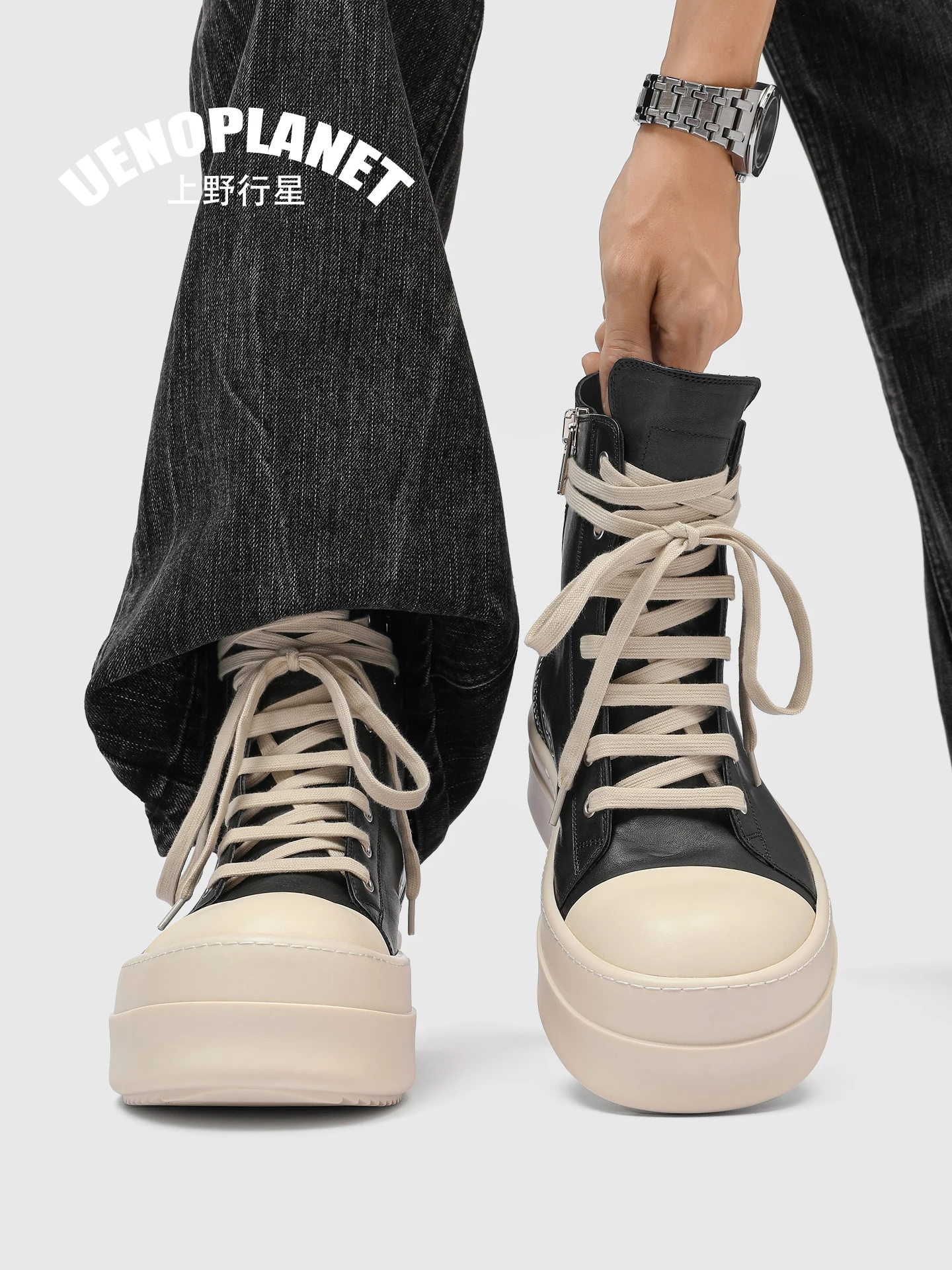 Cleanfit Botas  Unissex de Cano Alto com Sola Grossa e Elevada, Estilo Escuro, Tênis de Tendência Jovem em Couro Ultra-...