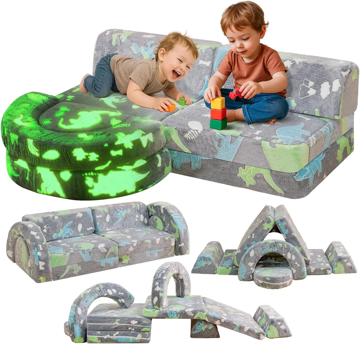 

10Pcs Modular Kids Play Couch with Glow, Convertible Fort Sofa, 28D Foam Toddler Furniture in Gray Dinosaur