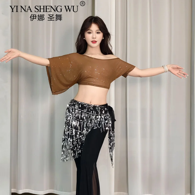 قمة زي الرقص الشرقي للنساء ، شبكة ، أكمام قصيرة ، بدلة تدريب ، قمم مطرزة محترفة ، رقص شرقي ، مثير