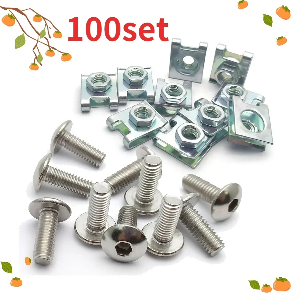 100set  M6X16 Big Flat Hex Bolt Bolt and U Type Clips Nut  for Motorcycle Scooter ATV Moped Plastic Cover Screw with Nut M6 6mm