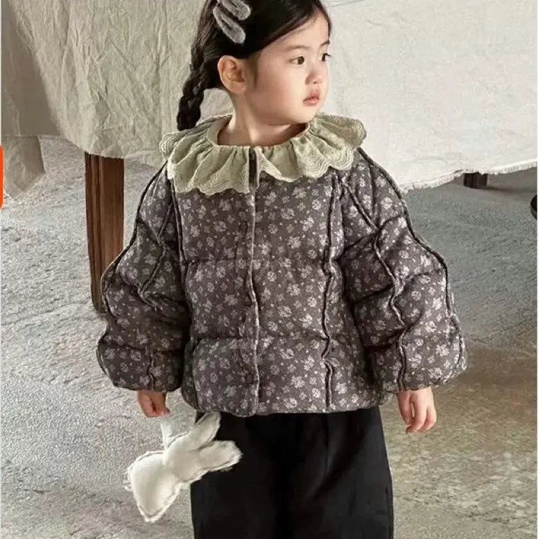 

2025 Korean Winter Coat for Girls Thickened Floral Print Cotton Padded Jacket New Kids Autumn Warm Outerwear