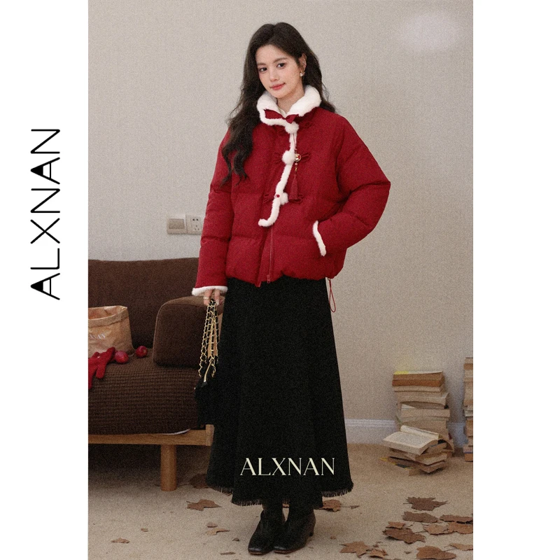 ALXNAN New Chinese Style Down Jacket Women 2026 Winter Short Puffer Coat 90% White Duck Down Red Lightweight Padded Parka L59355