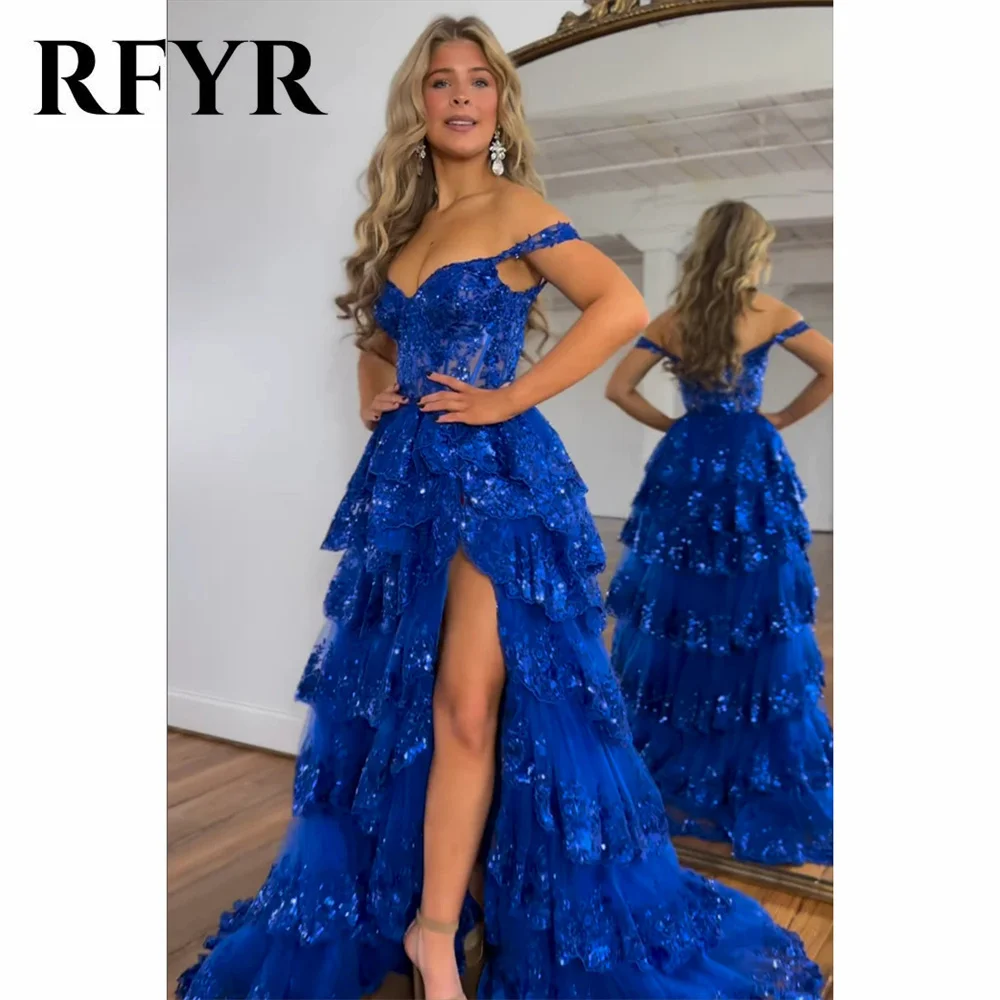 RFYR Glitter Royal Blue Prom Dress Exquisite Tiered Layer Party Dress High Split Off Shoulder فساتين مناسبة رسميةCustomized