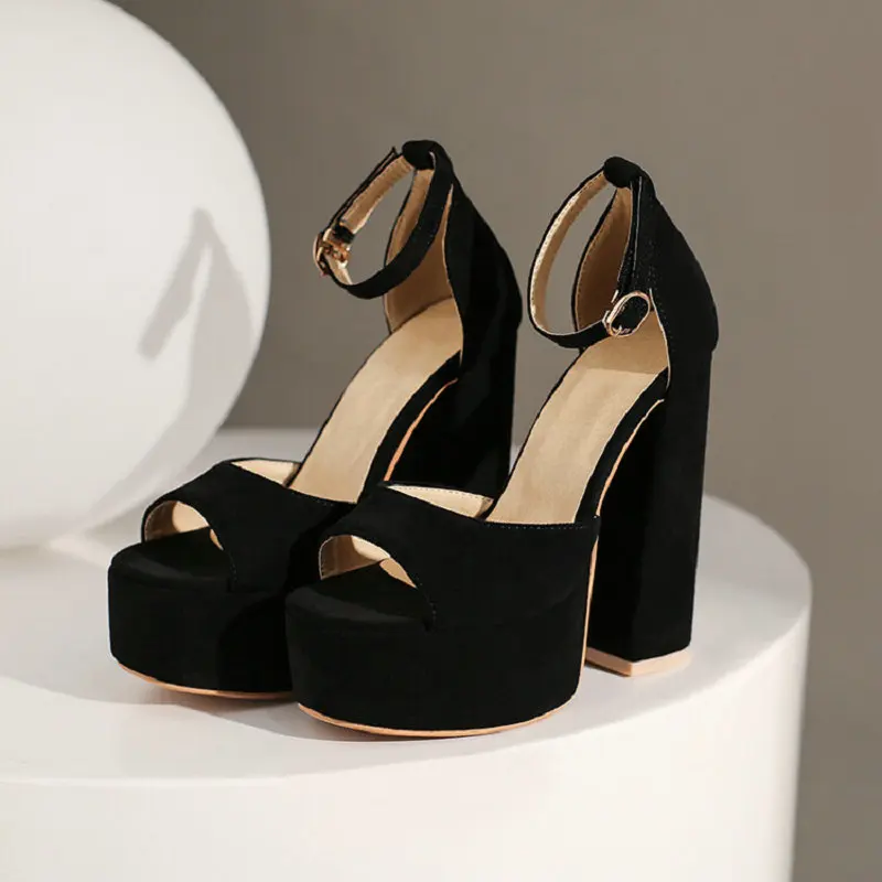 Brand New Open Toe Rose Black Color Fashion Female Party Dress Shoes Size 34-44 Block High Heels Platform Sandals Women