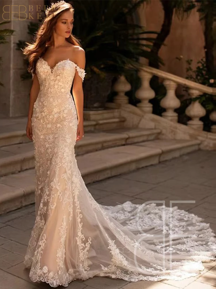 فستان زفاف من الدانتيل الأنيق من BEBEKEY مخصص قبالة الكتف حورية البحر لحفلات الزفاف فساتين الزفاف فساتين رسمية