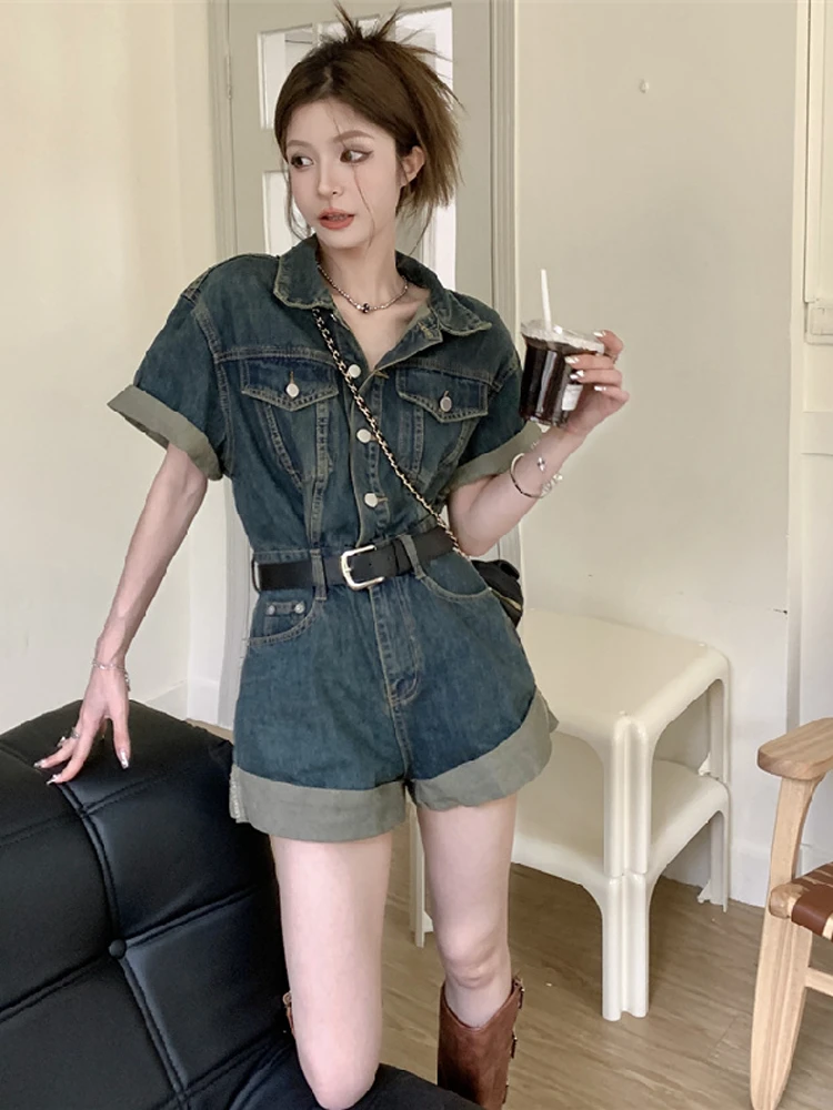

Women's Denim Overalls High Waist Wide Leg ort Sve Workwear Sle Spring Summer New Arrival ort Pants Suit Casual