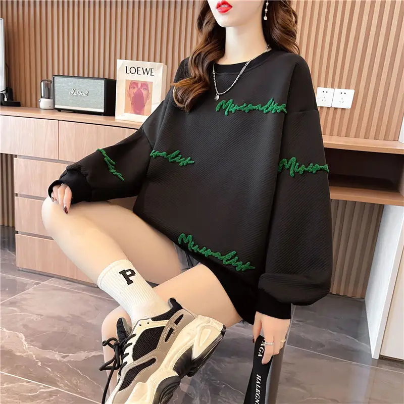 2022 New Casual Embroidery Letter Sweatshirts Women Classic Long Sleeve Loose Fashion O-collar Comfortable Pure Cotton Lady Top