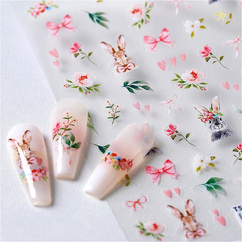 Cute Rabbit Love Heart Bowknot Easter Bunny Eggs Bunny Flower Rose Leaves Nail Art Stickers Charm Garden Animal Manicure Decals