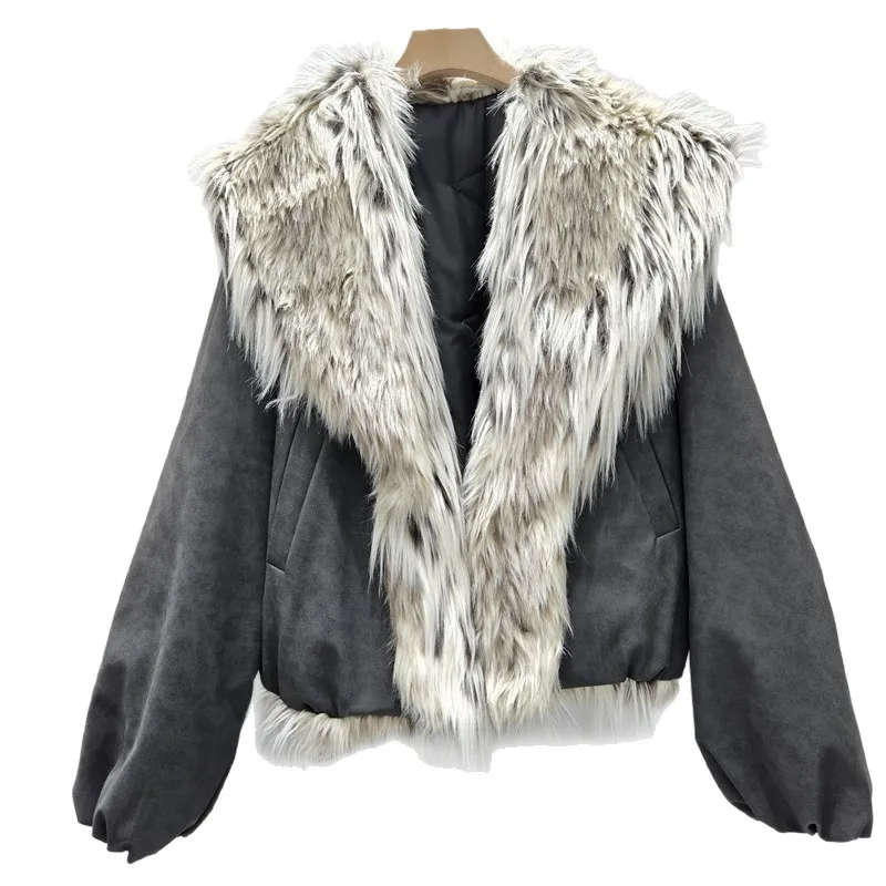 نساء 2025 شتاء موضة جديدة النمط الأمريكي مثير فتاة جاكيتات ليوبارد طباعة كبيرة فو الفراء طوق مبطن العصرية معاطف السترة