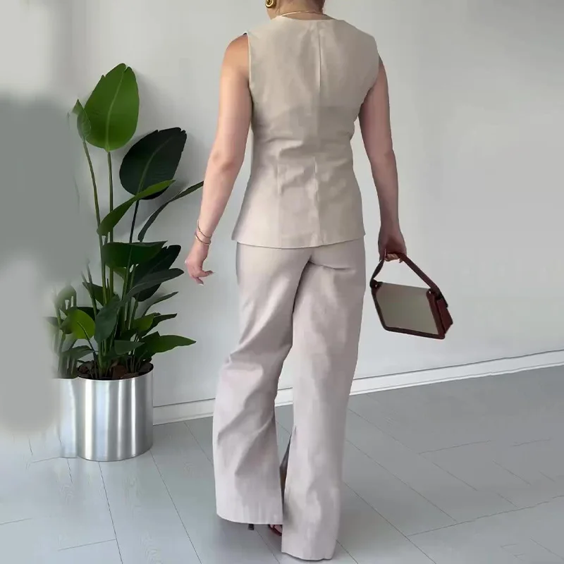 แฟชั่นแขนกุดสีทึบเสื้อกั๊ก Top Flared กางเกงชุดลําลองฤดูร้อน V คอผู้หญิงเดินทางธุรกิจอย่างเป็นทางการเสื้อผ้า