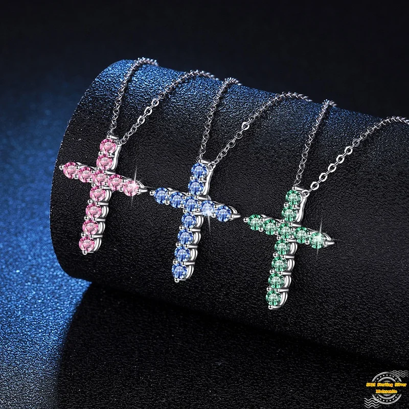 

1.1ct Colors Moissanite S925 Silver Necklet Pendant for Women Men Plated Platinum Cross Amulet Charm Necklace Jewelry Wholesale