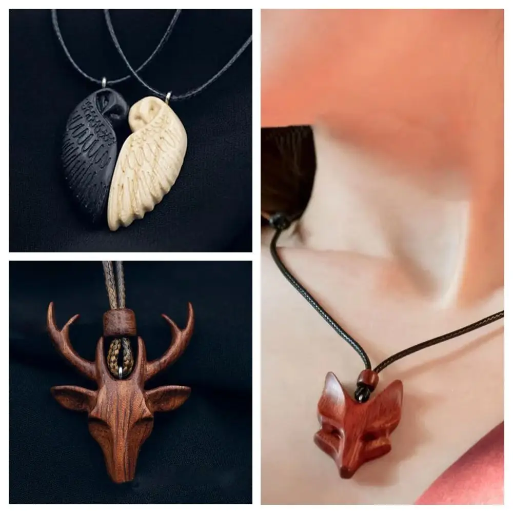 Collar con colgante de búho de madera de la suerte, colgante de ciervo hecho a mano, collar de pareja, accesorios de joyería, collar a juego con patrón de animales