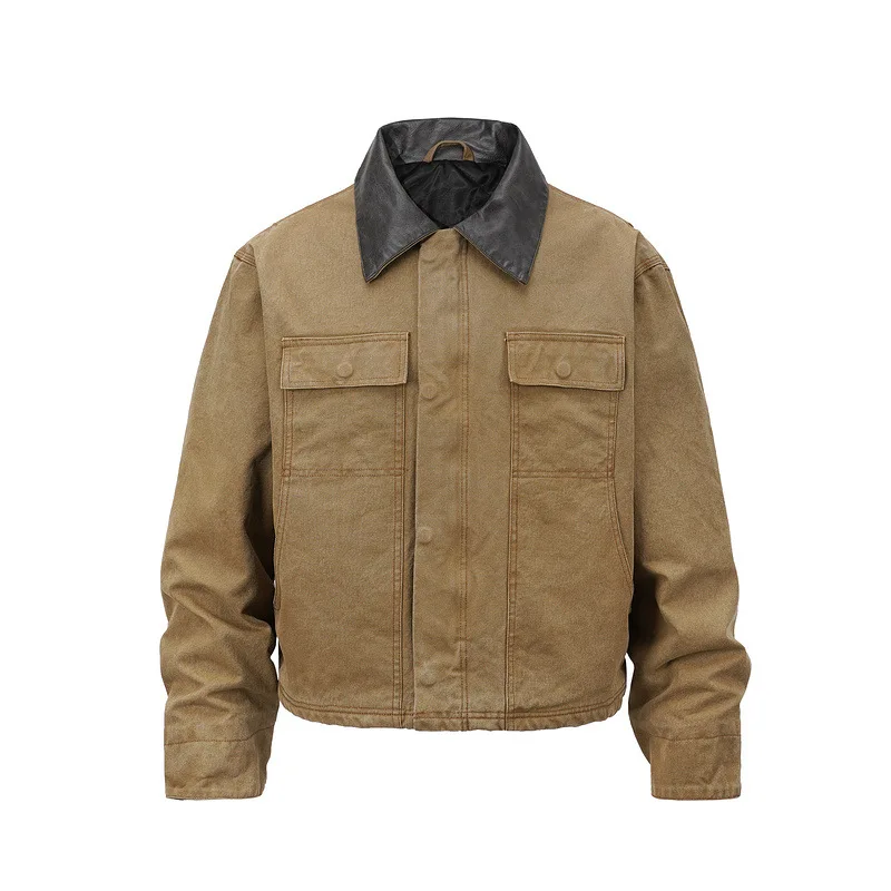 2026 New Khaki Color Turn Down Collar Zipper Multi Pocket Cotton Padded Jacket Men Warm Flight Jacket Cotton Padded Coat