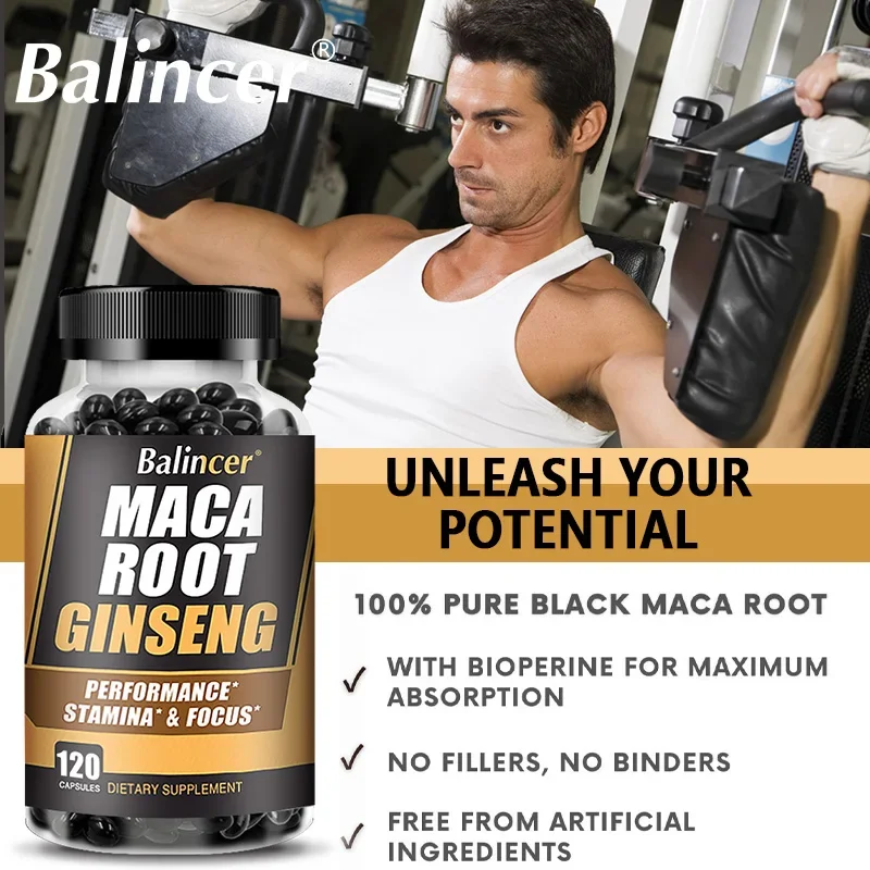 Maca Root + Ginseng Extract Capsules for Adult Men and Women - Energy, Vitality, Endurance and Muscle Mass