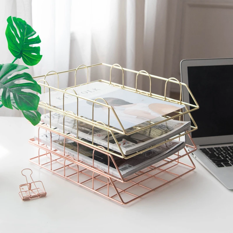 Nordic Instagram Desktop Layered Magazine File Shelf Metal Iron Easy A4 File Basket Table Storage Data Shelf Storage Shelf