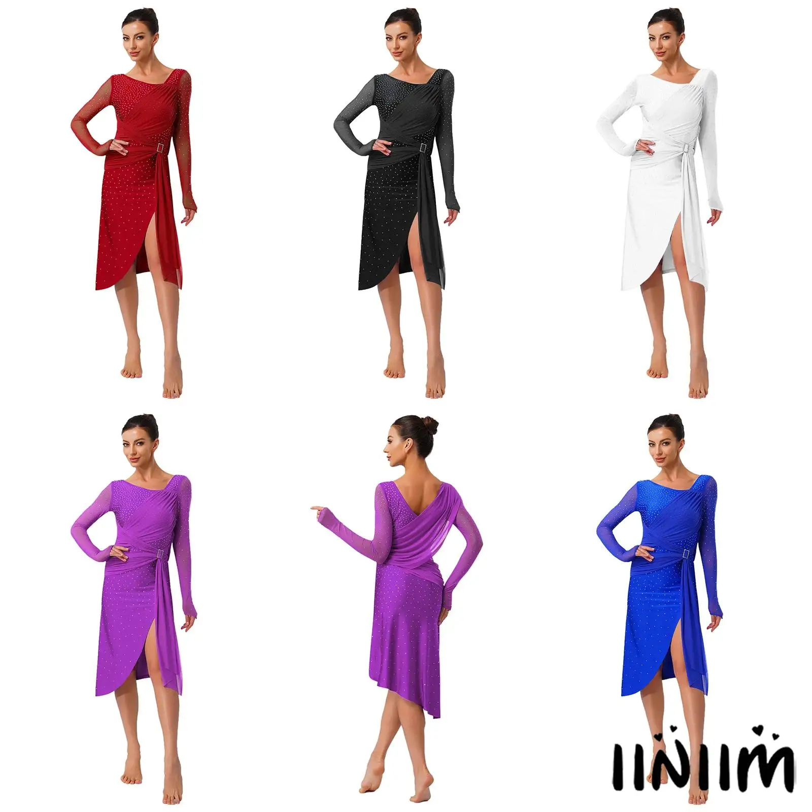 

Womens Fashion V-neck Long See-through Sleeves Rhinestone Ruched Split Rhythm Latin Dress Dance Costume for Party performance