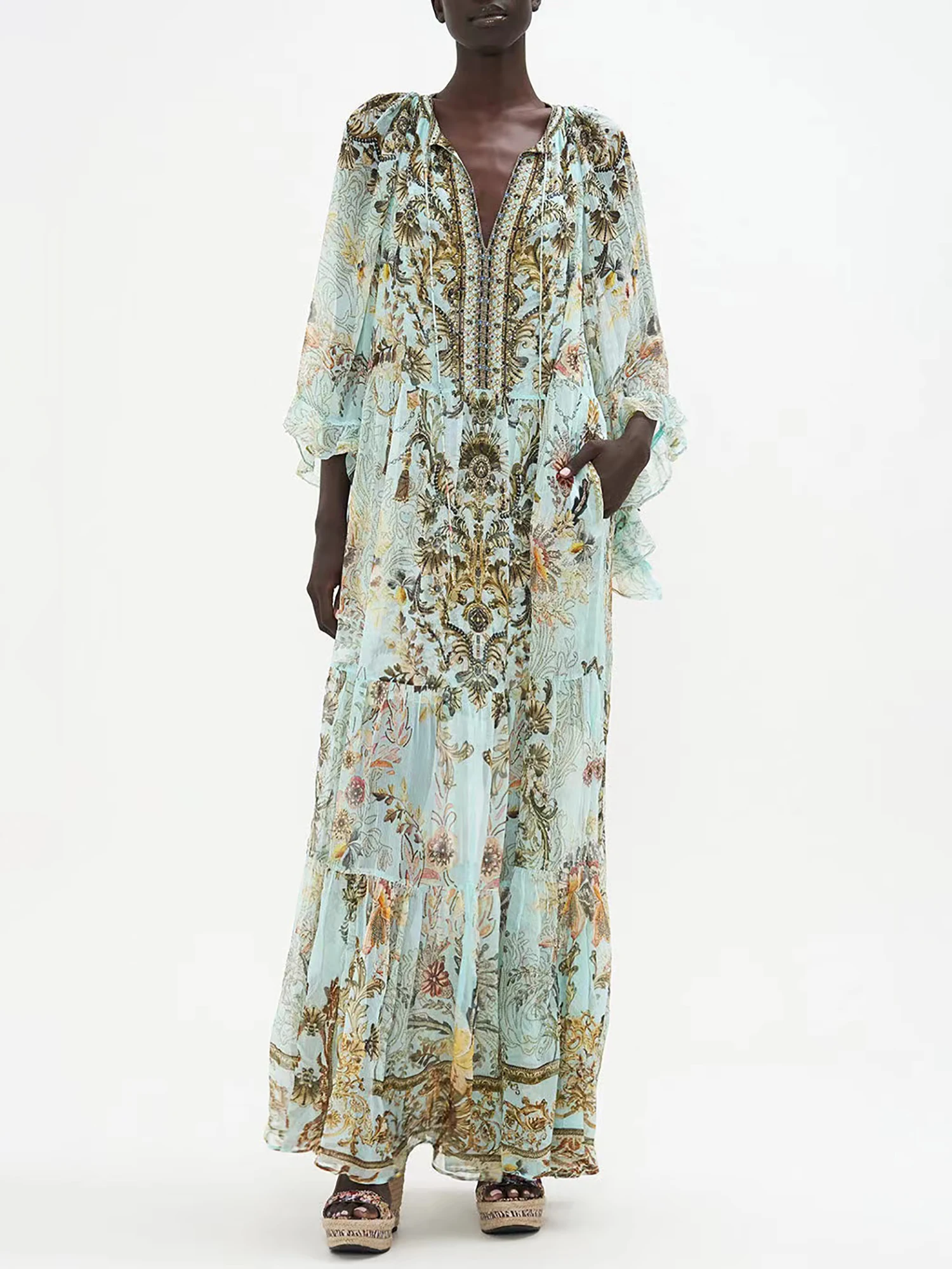 

Women's 100% Real Silk Diamond Printing Midi Summer Dress Australian Luxury Vintage Elegant Runway Designer