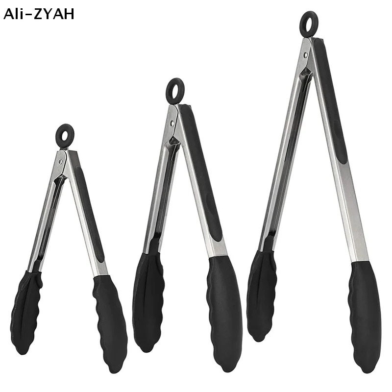 【ZA】Silicone Tongs Kitchen Steel BBQ Non-Stick Kitchen Utensils Barbecue Cooking Tong With Joint Lock Kitchen Accessories