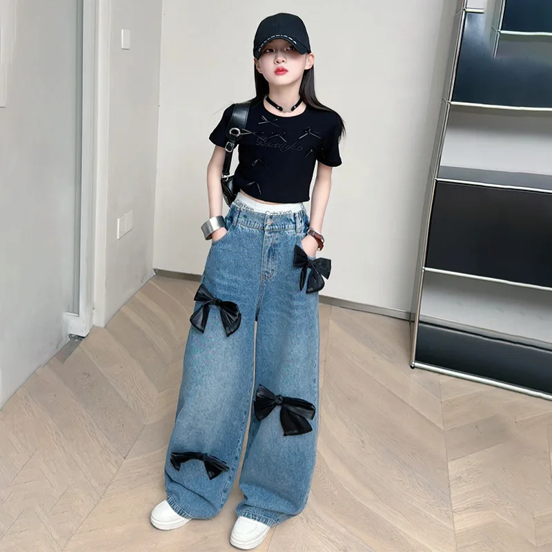 Teenage Girls Street Bow Jeans Elastic Mid Waist Loose Kids Denim Trousers New 2027 Spring Fashion Children Cute Wide Leg Pants 3