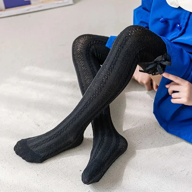 

Girls Bow Hollow Knee Stockings Kids Simple Solid Color Breathable Mesh Stockings Children All-match High Elastic Tights Stocks