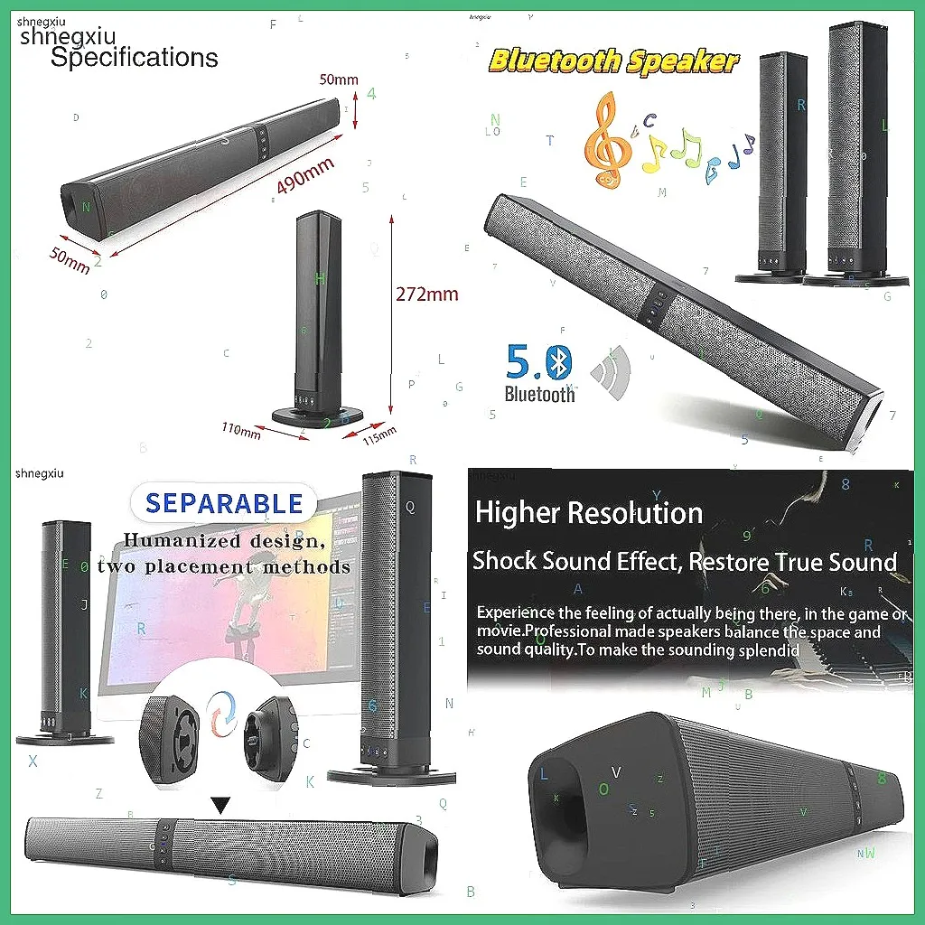 Wireless Bluetooth Sound Bar with Subwoofer, FM Radio & AUX for TV/PC