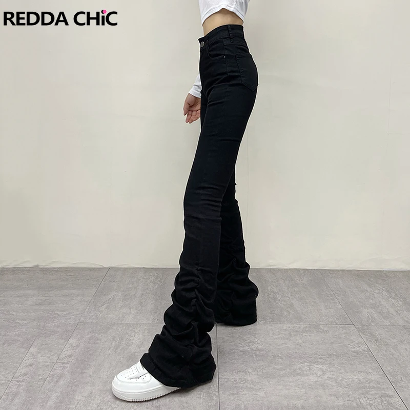 REDDACHiC Rokku Grayu Women Ruched Pants Y2k Cyberpunk Dark Academia Black Stacked Jeans Female Trousers Acubi Fashion Clothes