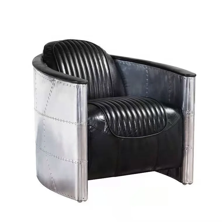 American Vintage Distressed Leather Armchair Hotel Sofa Accent Chair Aluminium Armrest Loft Aviation Chairs Aviation Furniture
