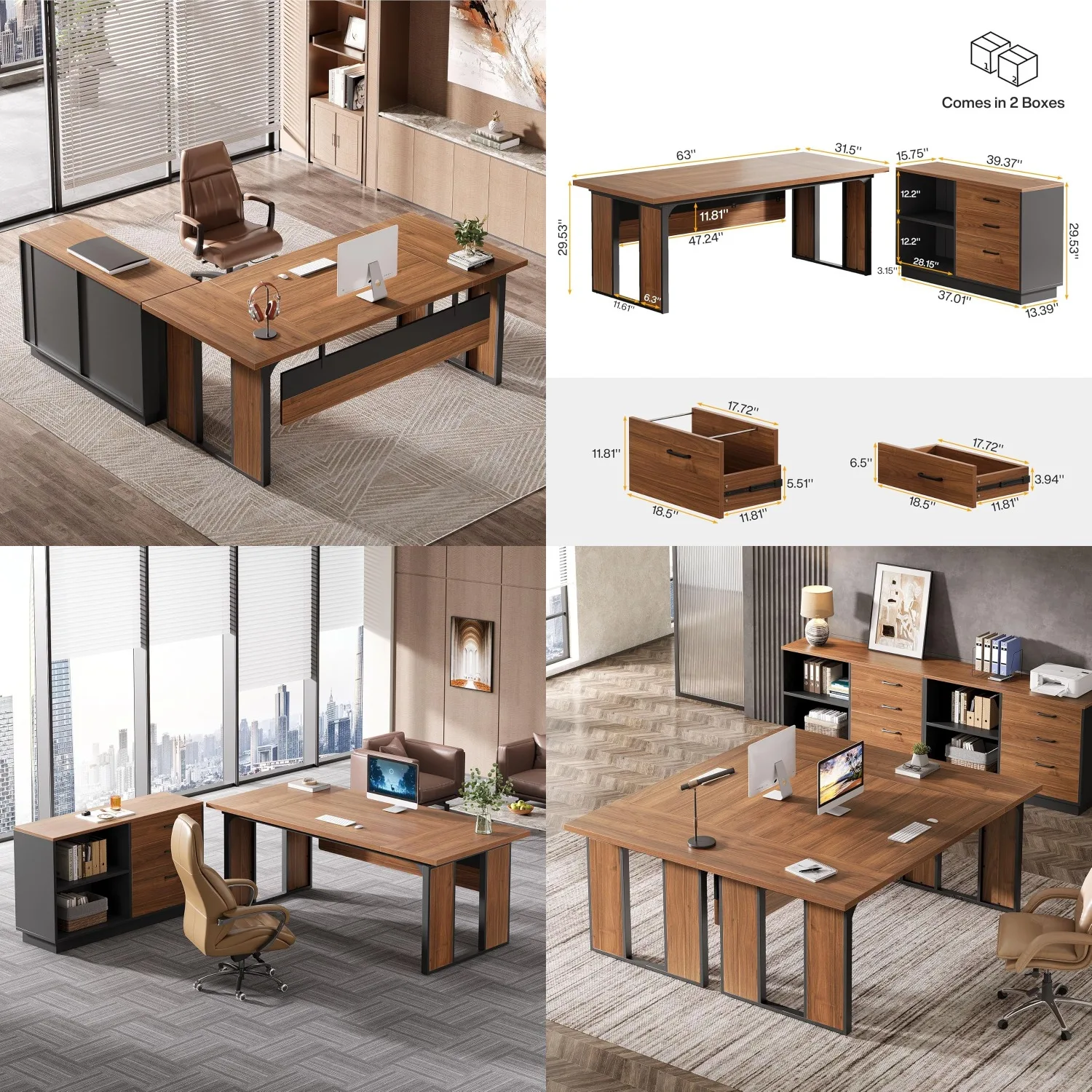 

63" L-Shaped Executive Desk Office Table 39.37" Drawer Cabinet Storage Shelves Home Office Brown Black Customized