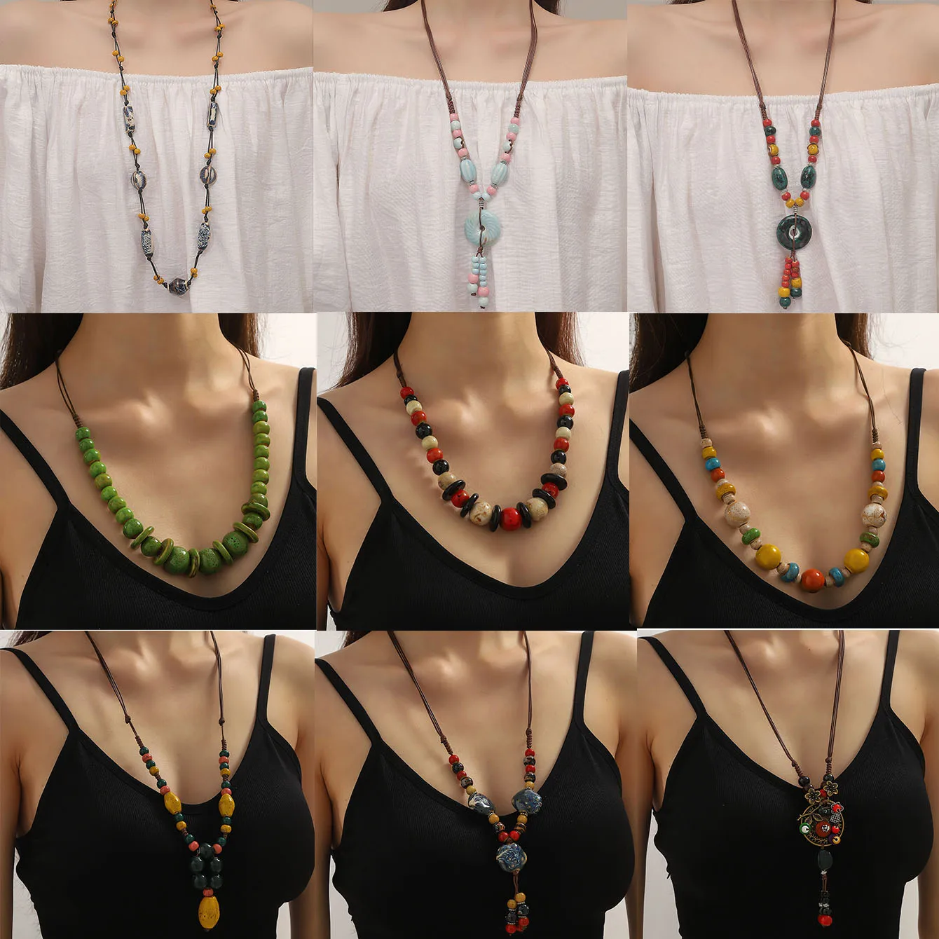 Summer Jewelry Bohemian Vintage Style Ceramic Colored Flat Bead Long Necklace for Women