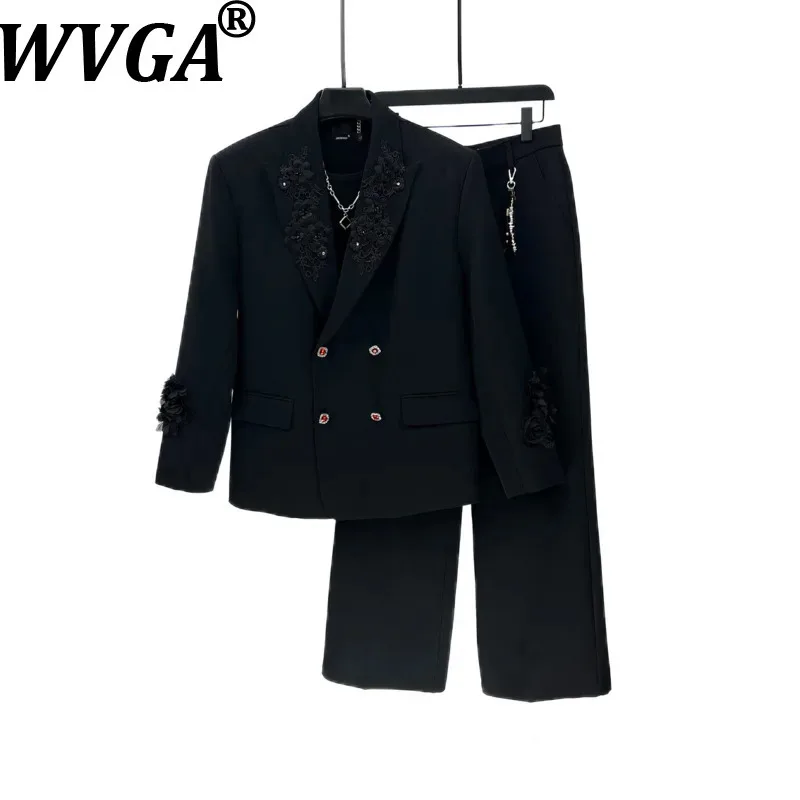 

WVGA Spring Autumn New Men Tide Embroidered Trendy Floral Blazer Niche Chic Casual Straight Suit Pants Two Pieces Set Ins W18105