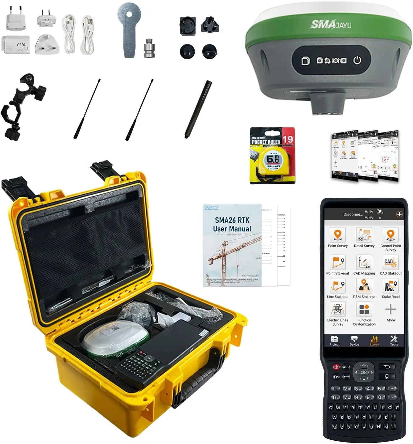 RTK GNSS Surveying Equipment Switchable Rover 32G Storage | Handheld Collector + Survey Software | Work as Base Station for Dron