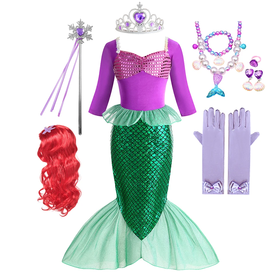 A sereia Ariel Cosplay Traje para meninas, Vestido de manga comprida, Vestidos de festa de carnaval para crianças, Halloween vestir roupas