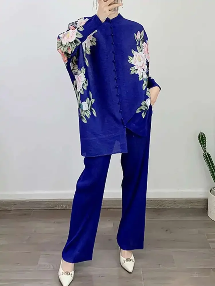 Miyake 2025 Summer New Single Breasted Top Casual Straight Wide Leg Pants Female Fashion Printed Pleated Two Piece Women's