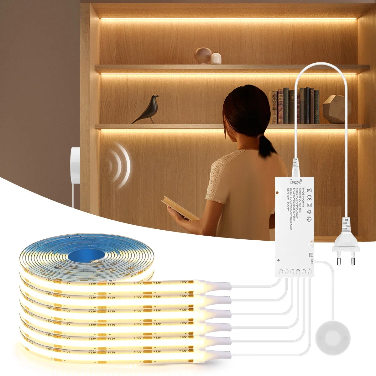 12V COB LED Strip Night Lights Motion Sensor Smart Switch High Density Flexible LED Tape Cabinet Wardrobe Display Shelf Backligh