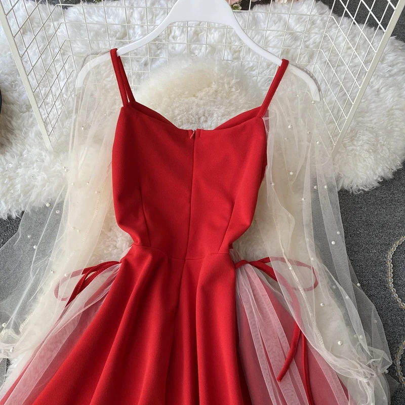 V넥 버블 소매 숏 드레스 미디 기장 A라인 스커트 슬리밍 허리 하이웨이스트 시퀸 레이스 장식 메쉬 패널 드레스