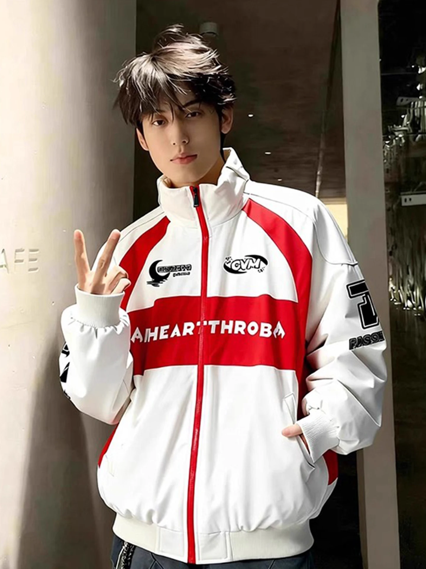 

White American High Street Motorcycle Jaet ort Thiened Cotton Jaet Men's Winter Racing Suit Cool Haome Stand Colla...