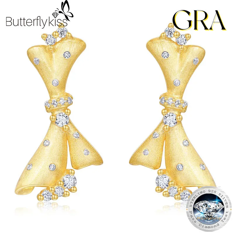 

Butterflykiss Bowknot Moissanite Earrings S925 Silver 18KGold Plated Italian Brushed Craft For Women Party Romantic Stud Earring