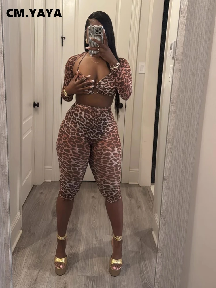 CM.YAYA 2025 Streetwear Women's Set Leopard Print Mesh Strapless Long Sleeve T-shirt + Pants Tracksuits Two 2-Piece Set Outfit