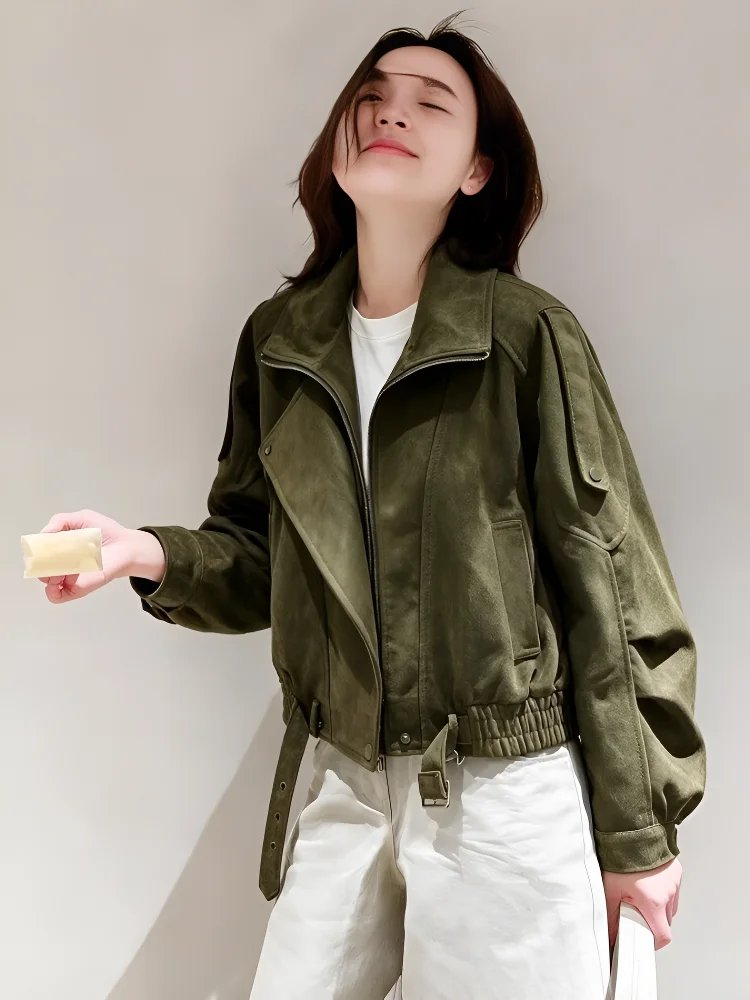Retro Biker Short Jacket Women's Zipper Collar Cool Autumn 2026 New Small Size Trendy Polyester Fiber Long Sleeve Coat