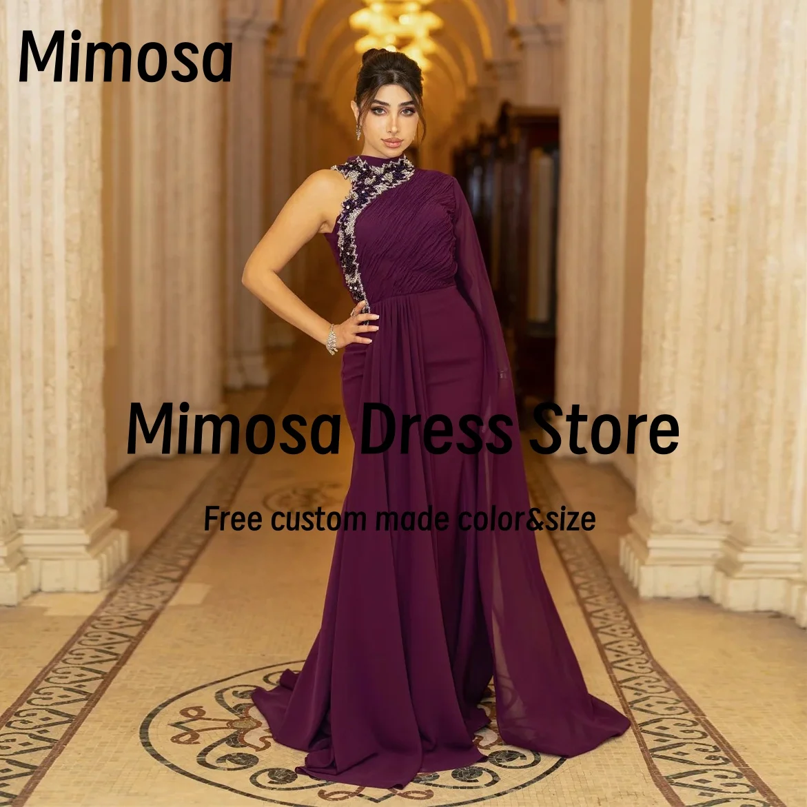 Mimosa Formal Evening Dresses High Collar Beaded Long Sleeve Prom Dress Saudi Arabia Women فساتين حفلة موسيقية Customized